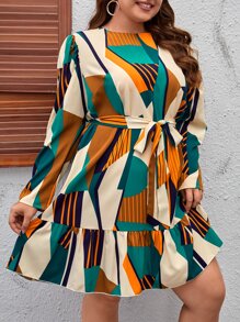 SHEIN Clasi Plus Geo Print Ruffle Hem Belted Dress - Multicolor - View 5