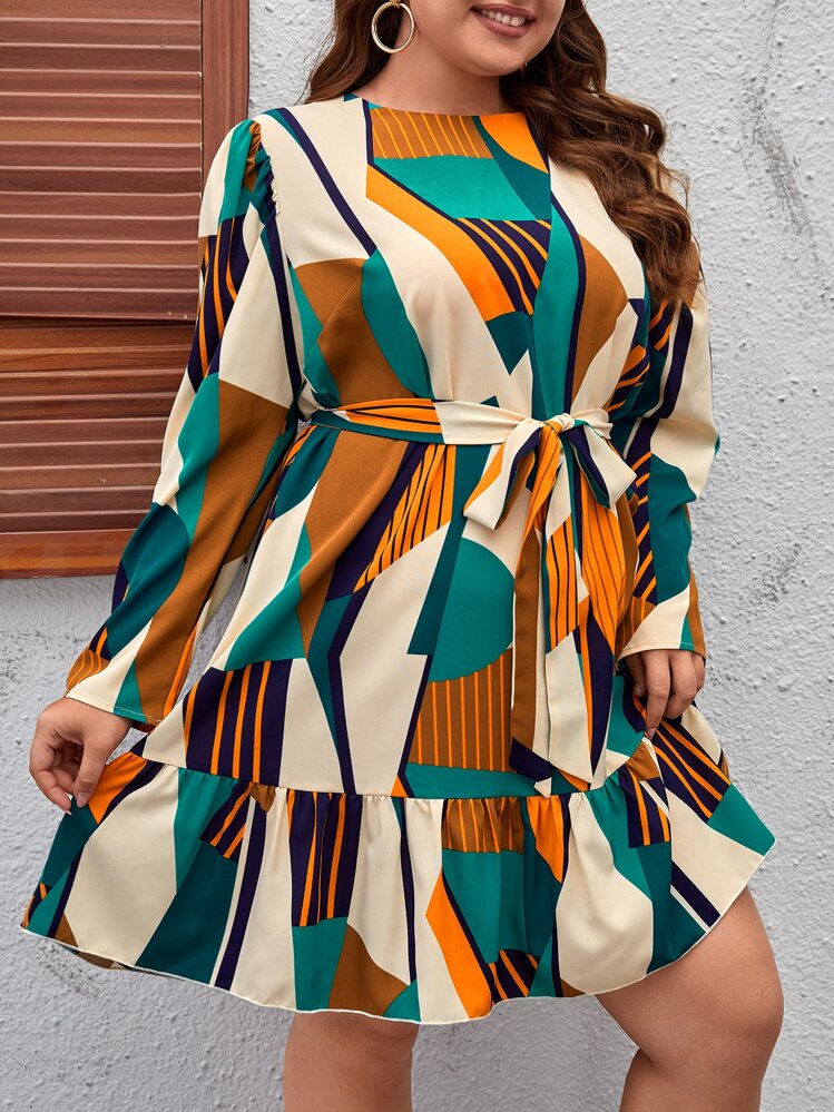 SHEIN Clasi Plus Geo Print Ruffle Hem Belted Dress - Multicolor - View 5