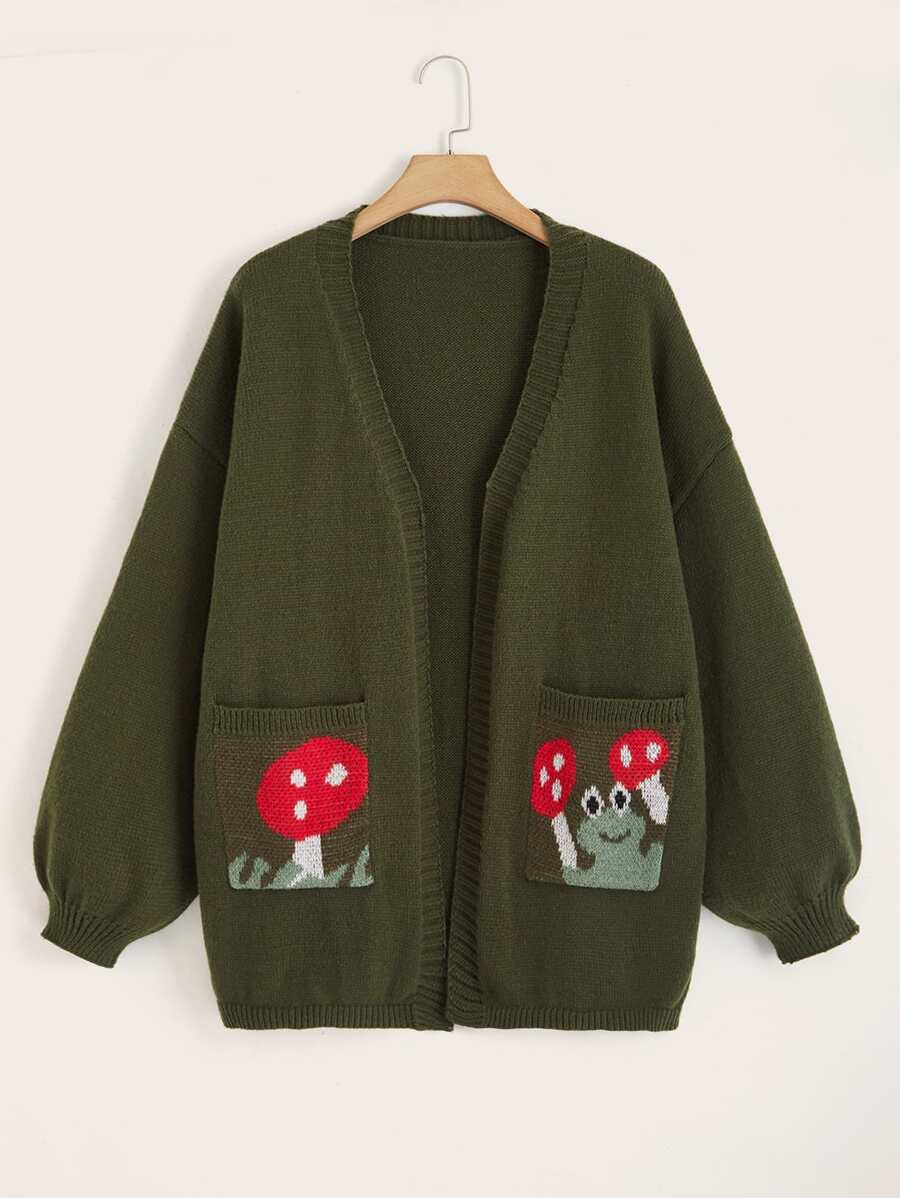 SHEIN Qutie 大码蘑菇图案落肩开衫 - 軍綠色 - 查看 1