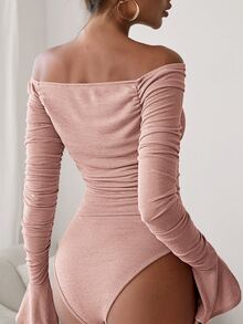 SHEIN Privé Body de hombros descubiertos de manga con volante fruncido - Rosa vieja - Ver 2
