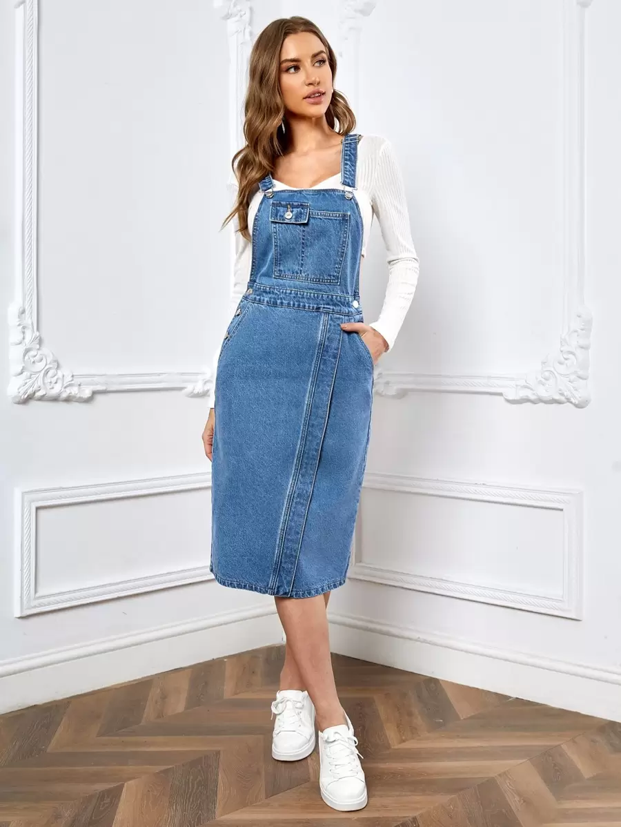 SHEIN Essnce Slant Pocket Split Hem Pinafore Denim Dress Without Tee - Medium Wash - View 1