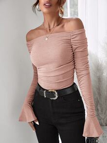 SHEIN Privé Body de hombros descubiertos de manga con volante fruncido - Rosa vieja - Ver 4