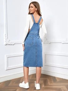 SHEIN Essnce Slant Pocket Split Hem Pinafore Denim Dress Without Tee - Medium Wash - View 2