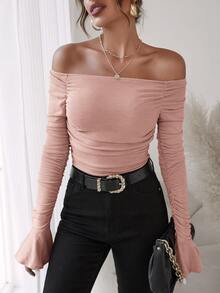 SHEIN Privé Body de hombros descubiertos de manga con volante fruncido - Rosa vieja - Ver 5