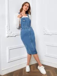 SHEIN Essnce Slant Pocket Split Hem Pinafore Denim Dress Without Tee - Medium Wash - View 3