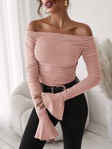SHEIN Privé Body de hombros descubiertos de manga con volante fruncido - Rosa vieja - Ver 6