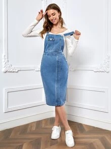 SHEIN Essnce Slant Pocket Split Hem Pinafore Denim Dress Without Tee - Medium Wash - View 4