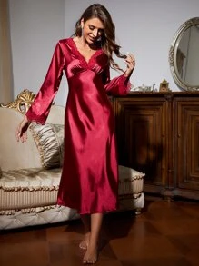 打結袖口緞面睡裙 - 酒紅色 - 查看 6