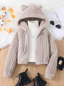 Girls Drop Shoulder 3D Ears Design Hooded Teddy Jacket - Khaki - View 1