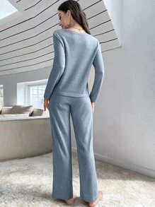 Ribbed Knit Button Front Lounge Set Outfit  Cozy And Elegant Details, Fall Clothes