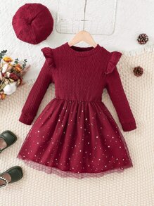 SHEIN Toddler Girls Contrast Star Mesh Ruffle Trim Dress - Burgundy - View 1