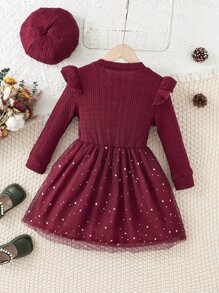 SHEIN Toddler Girls Contrast Star Mesh Ruffle Trim Dress - Burgundy - View 2