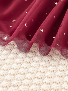 SHEIN Toddler Girls Contrast Star Mesh Ruffle Trim Dress - Burgundy - View 3