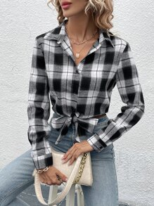INAWLY Áo sơ mi nữ Nút phía trước Sọc ca rô Giải trí - Đen và trắng - Xem 1
