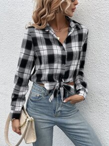 INAWLY Áo sơ mi nữ Nút phía trước Sọc ca rô Giải trí - Đen và trắng - Xem 5