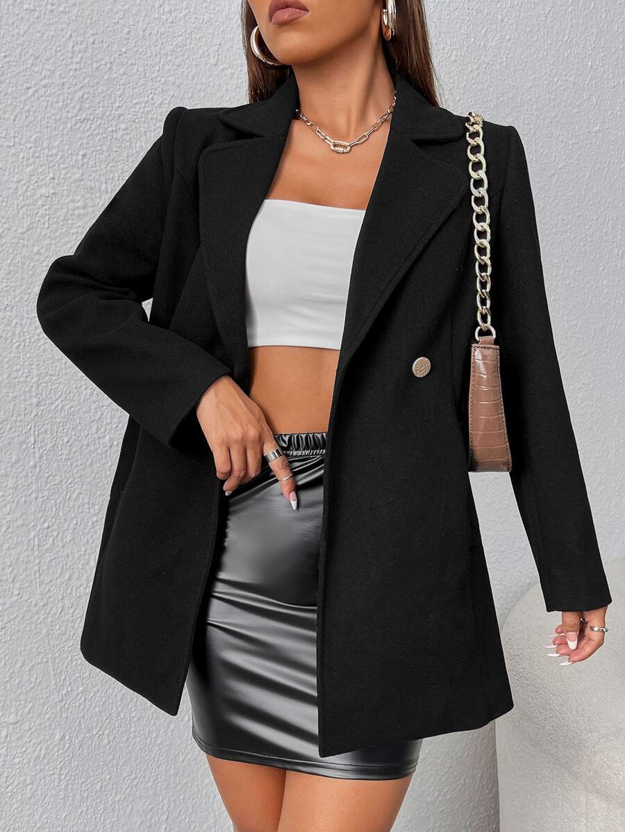 SHEIN PETITE Áo khoác ngoài nữ Túi Nút đôi màu trơn Thanh lịch - màu đen - Xem 1