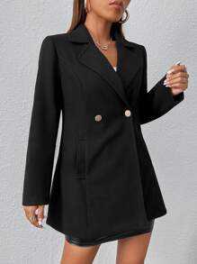 SHEIN PETITE Áo khoác ngoài nữ Túi Nút đôi màu trơn Thanh lịch - màu đen - Xem 3