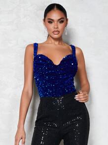 SHEIN BAE Contrast Sequin Cami Bodysuit - Royal Blue - View 3