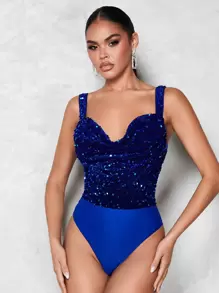 SHEIN BAE Contrast Sequin Cami Bodysuit - Royal Blue - View 5
