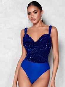 SHEIN BAE Contrast Sequin Cami Bodysuit - Royal Blue - View 6