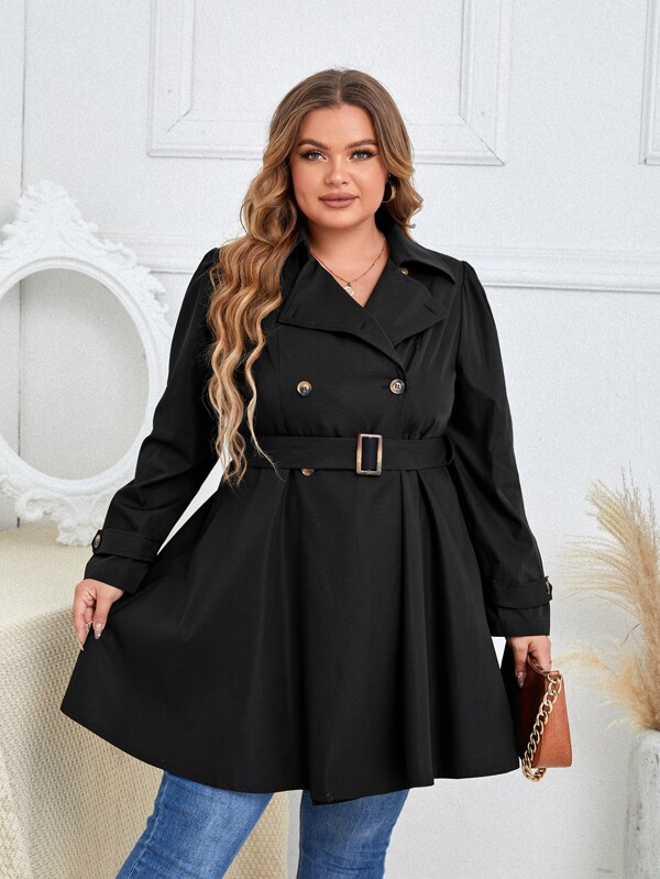 SHEIN Plus Puff Sleeve Double Breasted Belted Trench Coat SHEIN USA