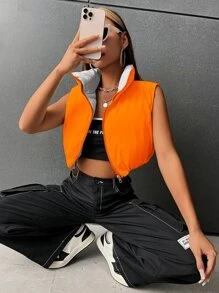 SHEIN EZwear 拉鏈開襟抽繩羽絨背心大衣 - 橘色 - 查看 4