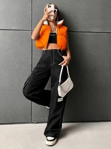 SHEIN EZwear 拉鏈開襟抽繩羽絨背心大衣 - 橘色 - 查看 5