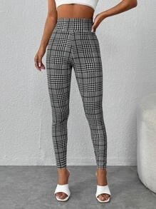 SHEIN PETITE 格紋印花寬腰帶緊身打底褲 - 黑與白 - 查看 1