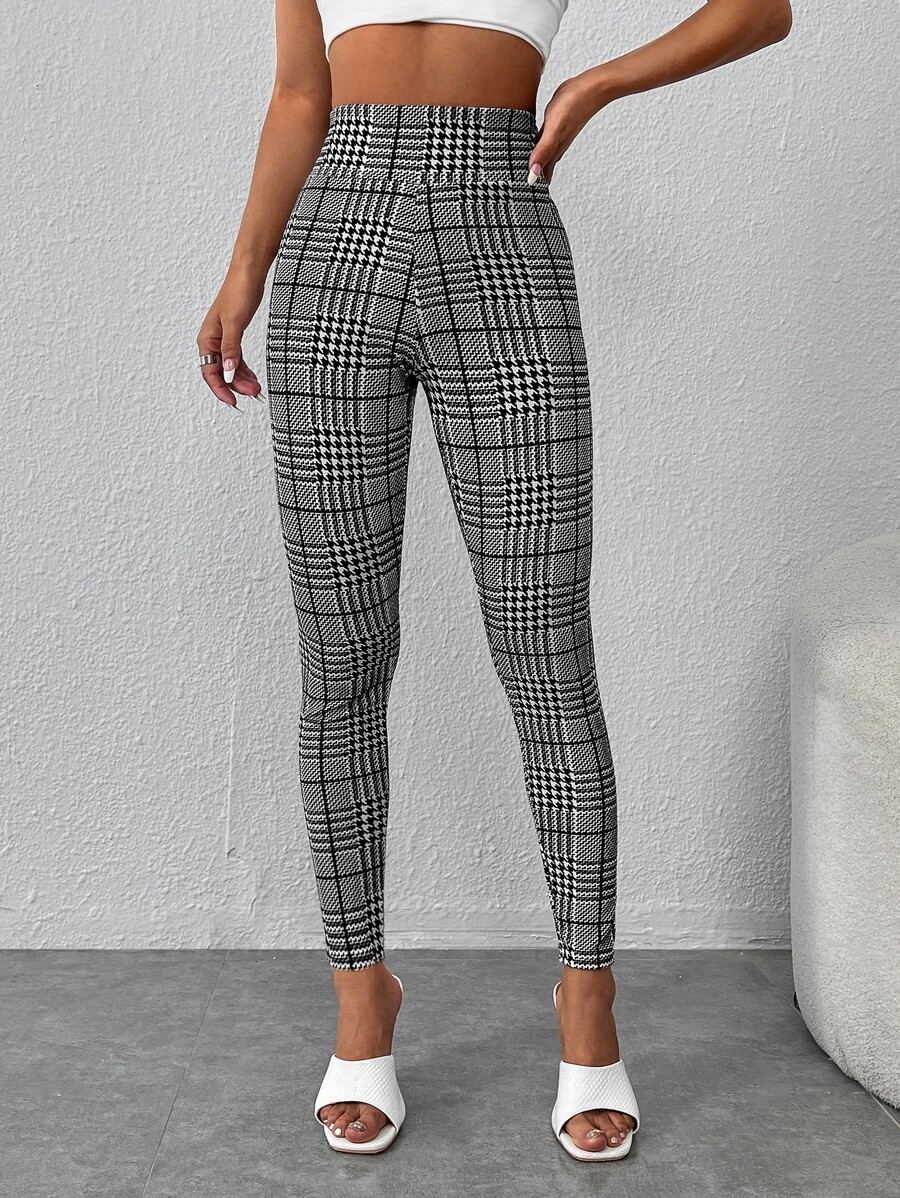 SHEIN PETITE 格紋印花寬腰帶緊身打底褲 - 黑與白 - 查看 1