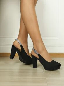 优雅高跟女鞋，迷人水钻装饰，舒适黑色圆头后跟系带厚底粗跟礼服鞋，适合派对、假日等场合。 - 黑色 - 查看 8