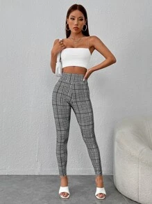 SHEIN PETITE 格紋印花寬腰帶緊身打底褲 - 黑與白 - 查看 5