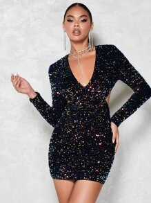 SHEIN BAE Plunging Neck Sequin Bodycon Dress - Black - View 1