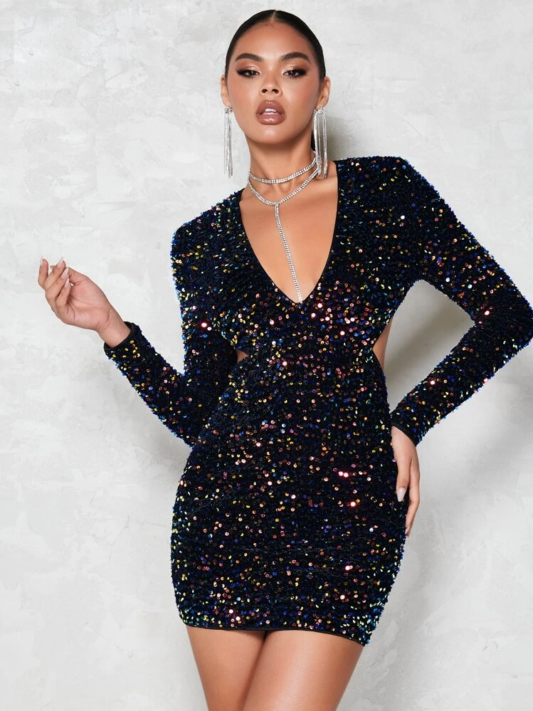 shein dresses sequin SHEIN BAE Plunging Neck Sequin Bodycon Dress