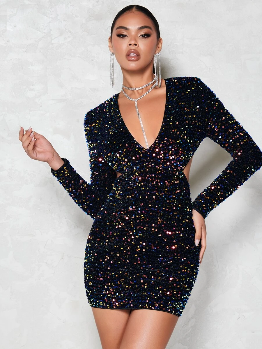 SHEIN BAE Plunging Neck Sequin Bodycon Dress - Black - View 1