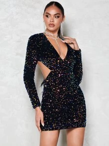 SHEIN BAE Plunging Neck Sequin Bodycon Dress - Black - View 4