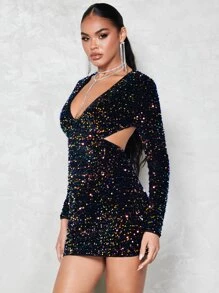 SHEIN BAE Plunging Neck Sequin Bodycon Dress - Black - View 5