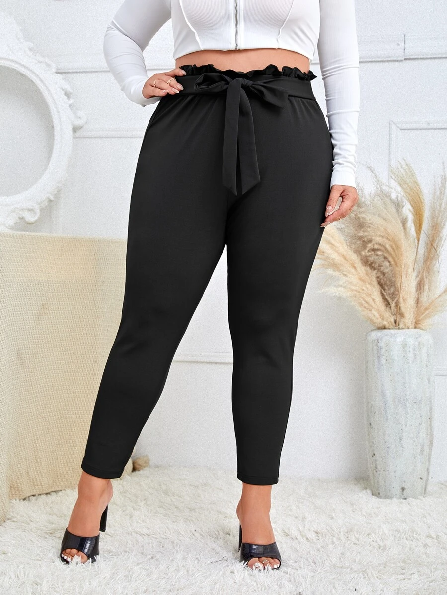 Plus Paperbag Waist Belted Trousers - Black - View 1