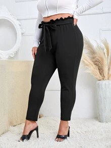 Plus Paperbag Waist Belted Trousers - Black - View 3