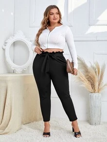 Plus Paperbag Waist Belted Trousers - Black - View 5