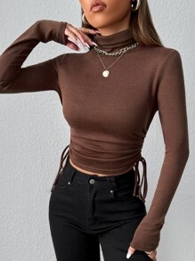 SHEIN EZwear Camiseta corta con cordón lateral - Café integral - Ver 1