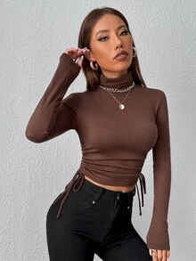 SHEIN EZwear Camiseta corta con cordón lateral - Café integral - Ver 5