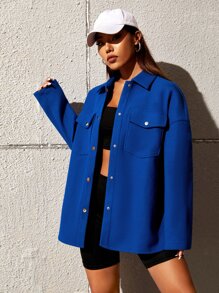 SHEIN EZwear 翻蓋口袋落肩袖花呢外套 - 寶藍色 - 查看 4