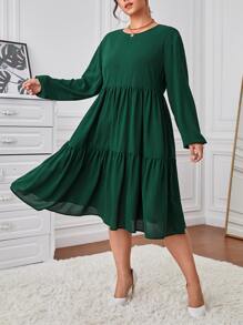 SHEIN LUNE Đầm Plus Size Viên lá sen màu trơn Giải trí - Màu xanh lá cây đậm - Xem 1