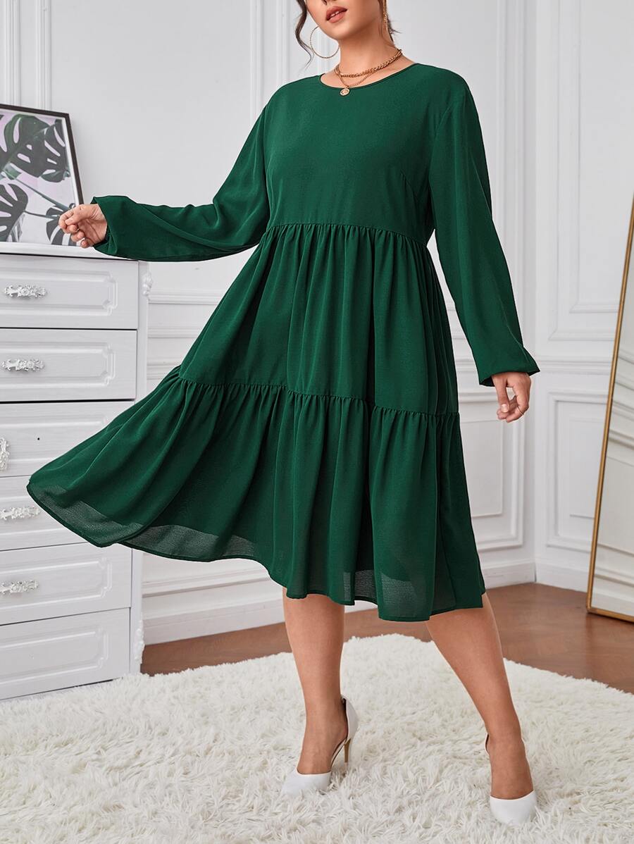 SHEIN LUNE Đầm Plus Size Viên lá sen màu trơn Giải trí - Màu xanh lá cây đậm - Xem 1
