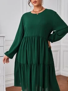 SHEIN LUNE Đầm Plus Size Viên lá sen màu trơn Giải trí - Màu xanh lá cây đậm - Xem 3