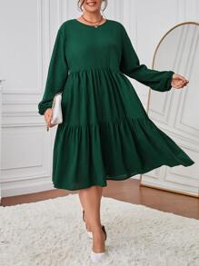 SHEIN LUNE Đầm Plus Size Viên lá sen màu trơn Giải trí - Màu xanh lá cây đậm - Xem 4
