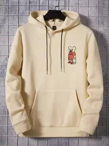 Manfinity VCAY Men Bear Print Kangaroo Pocket Drawstring Hoodie - Beige - View 1
