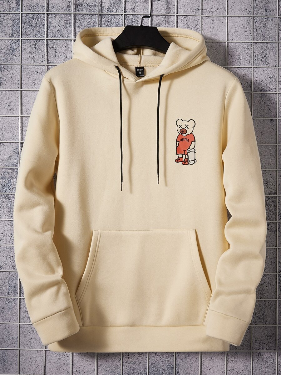 Manfinity VCAY Men Bear Print Kangaroo Pocket Drawstring Hoodie - Beige - View 1