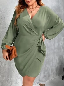SHEIN Privé Plus Lantern Sleeve Wrap Knot Side Dress - Army Green - View 1