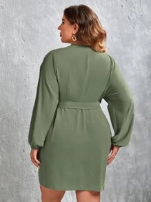 SHEIN Privé Plus Lantern Sleeve Wrap Knot Side Dress - Army Green - View 2